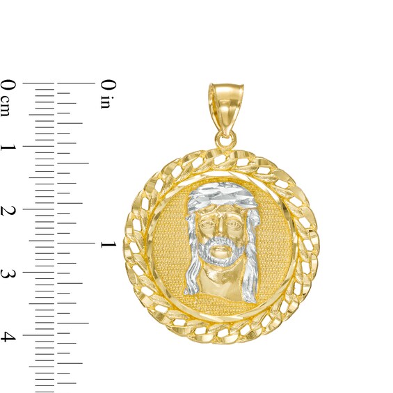Multi-Finish Curb-Style Chain Link Frame Jesus Medallion Necklace Charm in 10K Two-Tone Gold