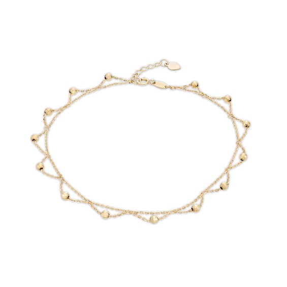Diamond-Cut Brilliance Bead Accent Scallop Dangle Anklet in 10K Gold - 10"