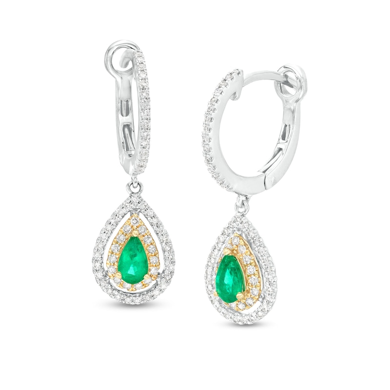 Main Image 1 of EFFY™ Collection Pear-Shaped Emerald and 1/3 CT. T.W. Diamond Double Frame Drop Earrings in 14K Two-Tone Gold