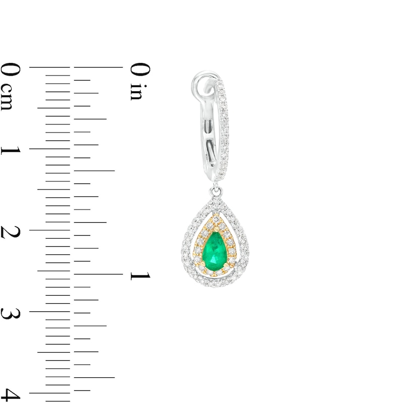 Main Image 3 of EFFY™ Collection Pear-Shaped Emerald and 1/3 CT. T.W. Diamond Double Frame Drop Earrings in 14K Two-Tone Gold