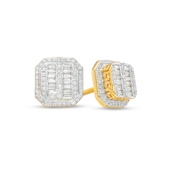 1/2 CT. T.w. Baguette and Round Multi-Diamond Octagonal Frame Stud Earrings in 10K Gold