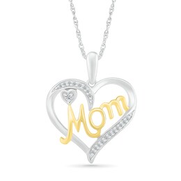 1/20 CT. T.W. Diamond Ribbon Double Heart Outline with Cursive "Mom" Pendant in Sterling Silver and 14K Gold Plate