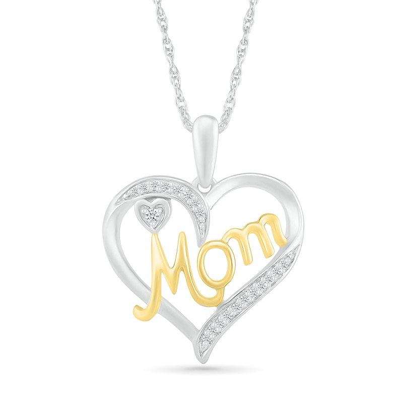 Main Image 1 of 1/20 CT. T.W. Diamond Ribbon Double Heart Outline with Cursive "Mom" Pendant in Sterling Silver and 14K Gold Plate