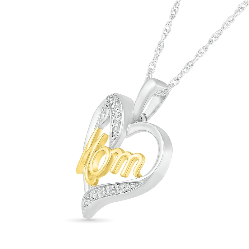 Main Image 2 of 1/20 CT. T.W. Diamond Ribbon Double Heart Outline with Cursive "Mom" Pendant in Sterling Silver and 14K Gold Plate