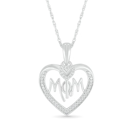 1/8 CT. T.W. Diamond Beaded Heart Outline with "MOM" and Heart-Top Key Dangle Pendant in Sterling Silver