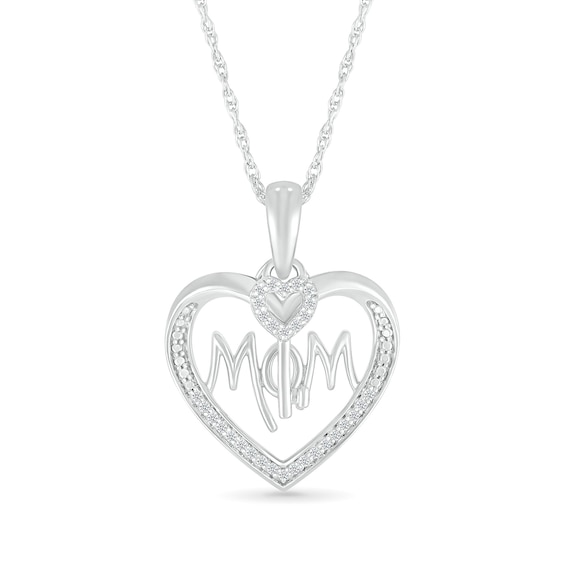 1/8 CT. T.w. Diamond Beaded Heart Outline with Mom and Heart-Top Key Dangle Pendant in Sterling Silver