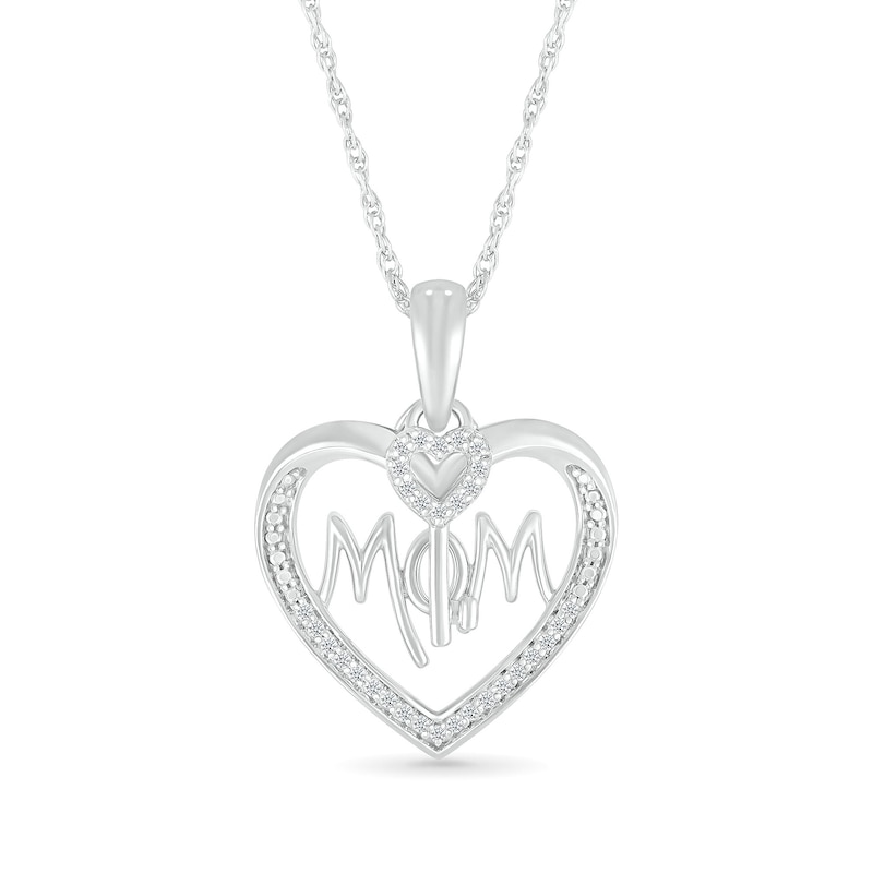 Main Image 1 of 1/8 CT. T.W. Diamond Beaded Heart Outline with "MOM" and Heart-Top Key Dangle Pendant in Sterling Silver