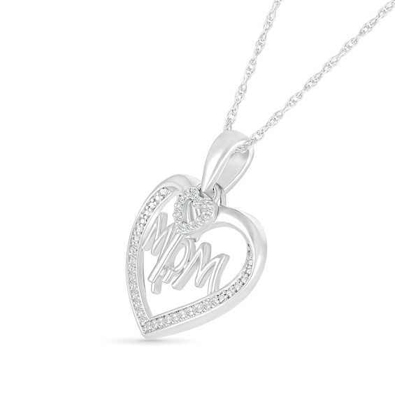 1/8 CT. T.w. Diamond Beaded Heart Outline with Mom and Heart-Top Key Dangle Pendant in Sterling Silver