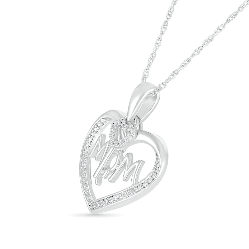 Main Image 2 of 1/8 CT. T.W. Diamond Beaded Heart Outline with "MOM" and Heart-Top Key Dangle Pendant in Sterling Silver