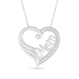 1/15 CT. T.W. Diamond Heart Outline with Cursive "Mom" and Angel Wing Accent Pendant in Sterling Silver