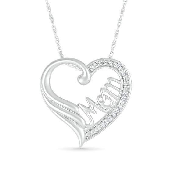 1/15 CT. T.w. Diamond Heart Outline with Cursive Mom and Angel Wing Accent Pendant in Sterling Silver