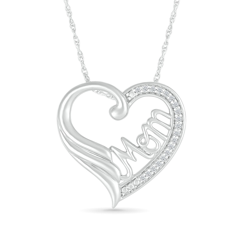 Main Image 1 of 1/15 CT. T.W. Diamond Heart Outline with Cursive "Mom" and Angel Wing Accent Pendant in Sterling Silver