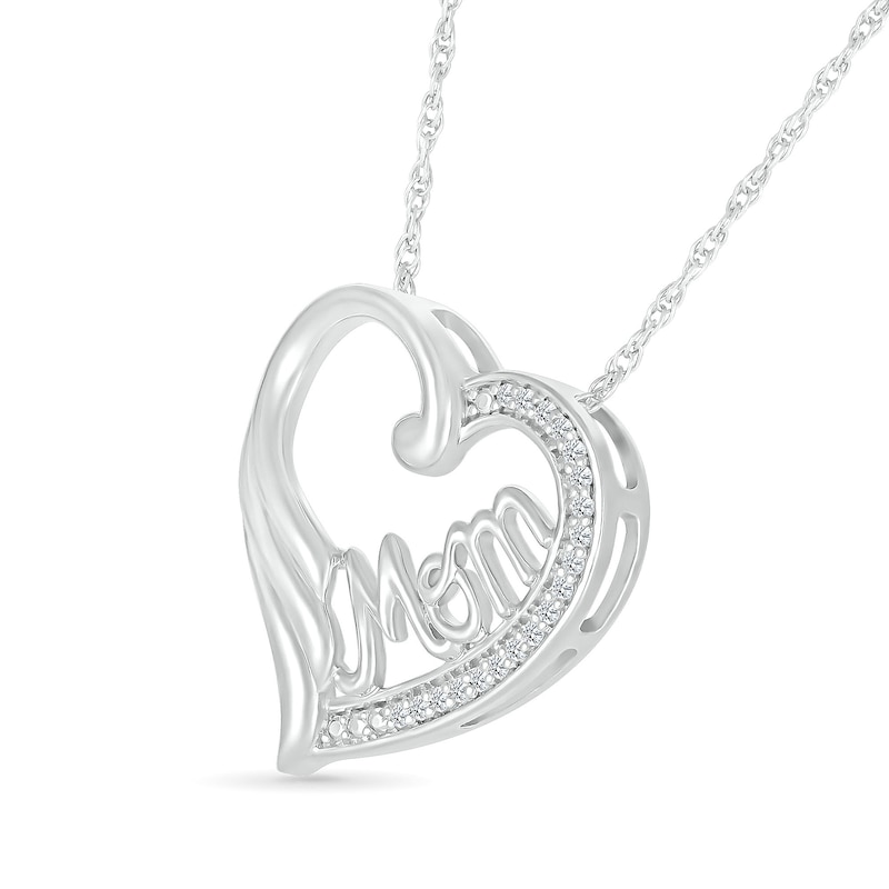 Main Image 2 of 1/15 CT. T.W. Diamond Heart Outline with Cursive "Mom" and Angel Wing Accent Pendant in Sterling Silver
