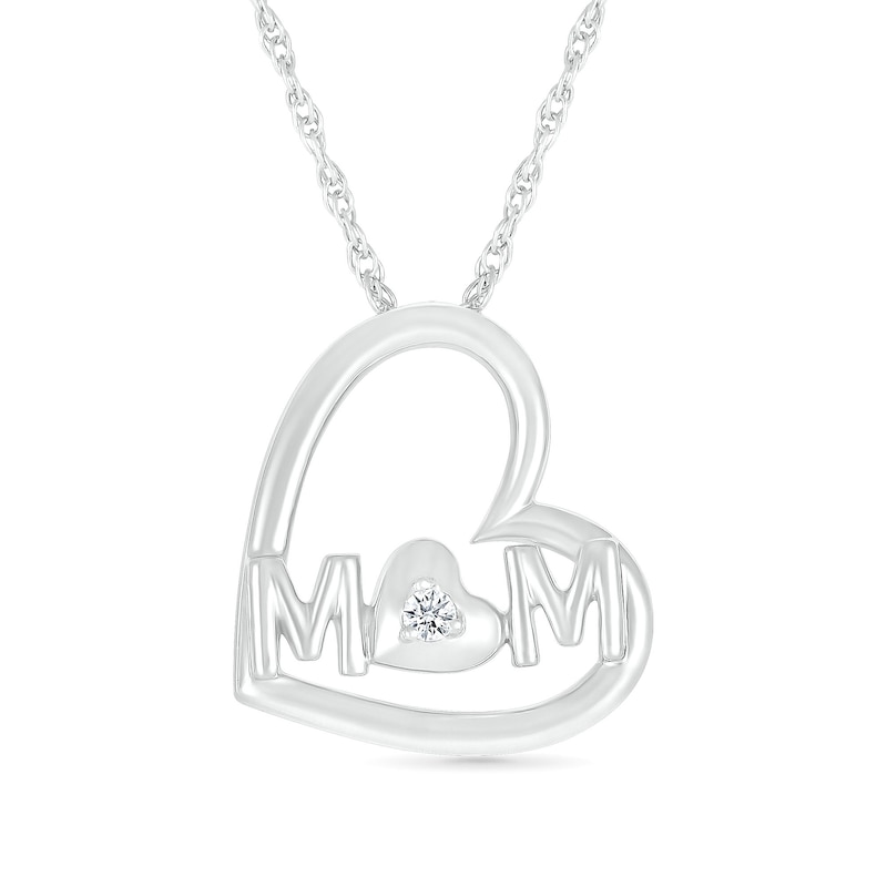 Diamond Accent Solitaire Double Tilted Heart Outline with "MOM" Pendant in Sterling Silver