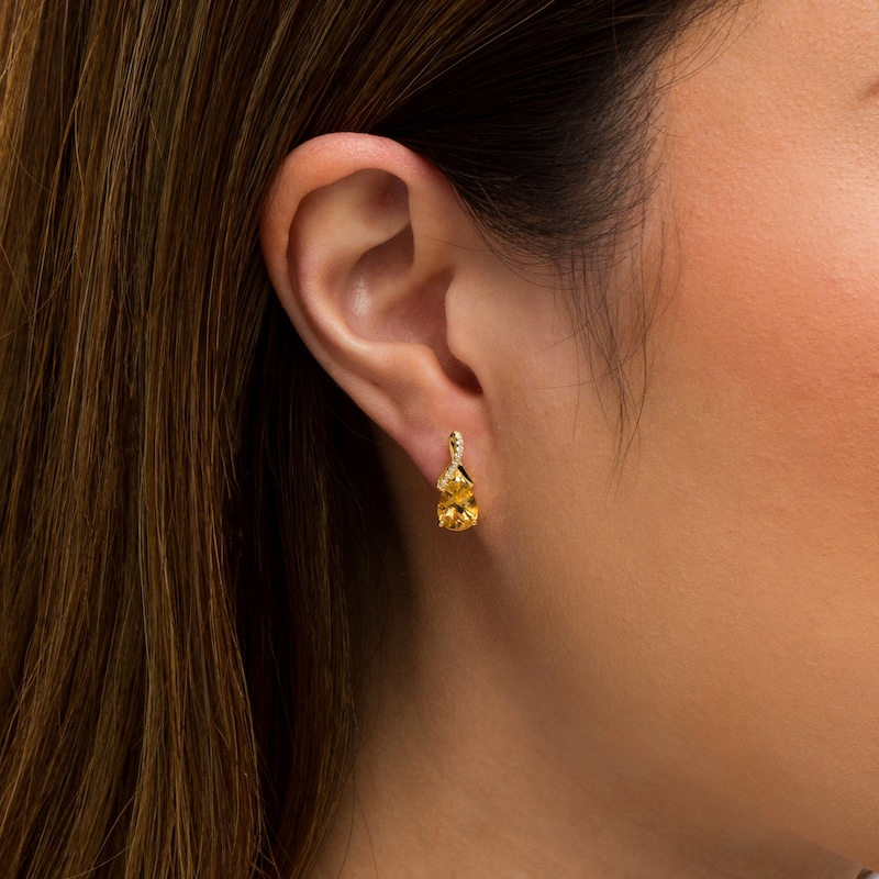 Faceted Pear-Shaped Citrine and White Lab-Created Sapphire Ribbon Drop Earrings in Sterling Silver with 14K Gold Plate