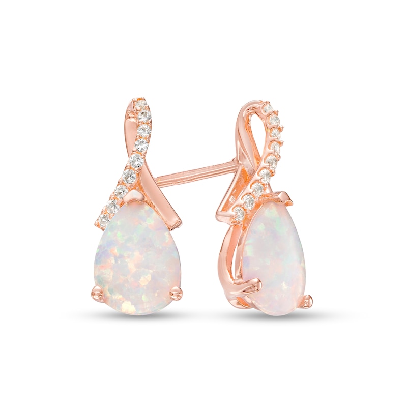 Pear-Shaped Lab-Created Opal and White Sapphire Ribbon Drop Earrings in Sterling Silver with 14K Rose Gold Plate