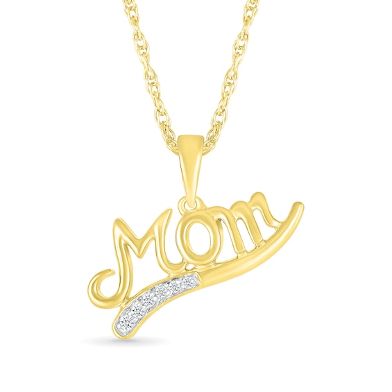 Diamond Accent Curved Ribbon Underline Cursive Mom Pendant in Sterling Silver with 14K Gold Plate