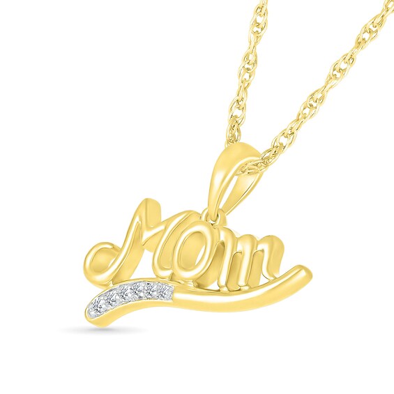 Diamond Accent Curved Ribbon Underline Cursive Mom Pendant in Sterling Silver with 14K Gold Plate
