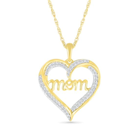 1/5 CT. T.w. Diamond Ribbon Heart Outline with Cursive Mom Pendant in Sterling Silver with 14K Gold Plate