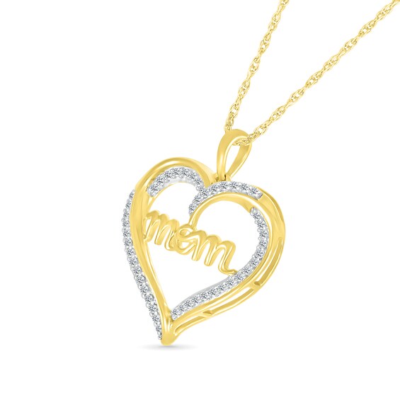 1/5 CT. T.w. Diamond Ribbon Heart Outline with Cursive Mom Pendant in Sterling Silver with 14K Gold Plate