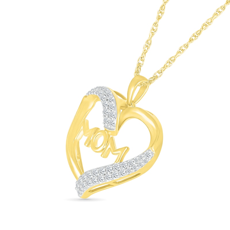 Main Image 2 of 1/4 CT. T.W. Diamond Double Row Ribbon Heart Outline with "MOM" Pendant in Sterling Silver with 14K Gold Plate