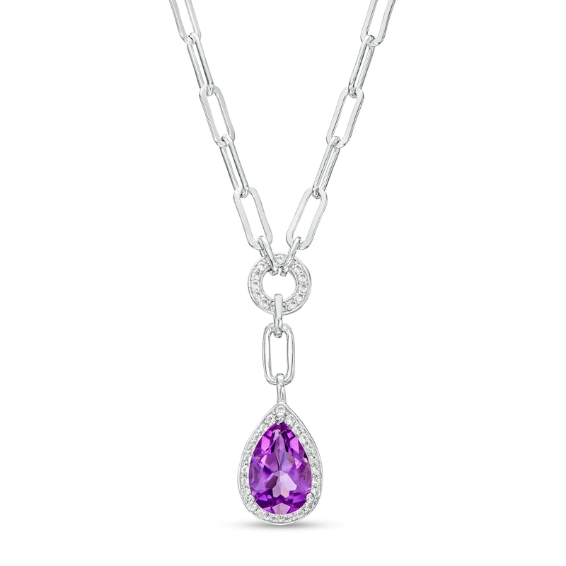 Main Image 1 of Faceted Pear-Shaped Amethyst and White Lab-Created Sapphire Frame Dangle Paper Clip Necklace in Sterling Silver