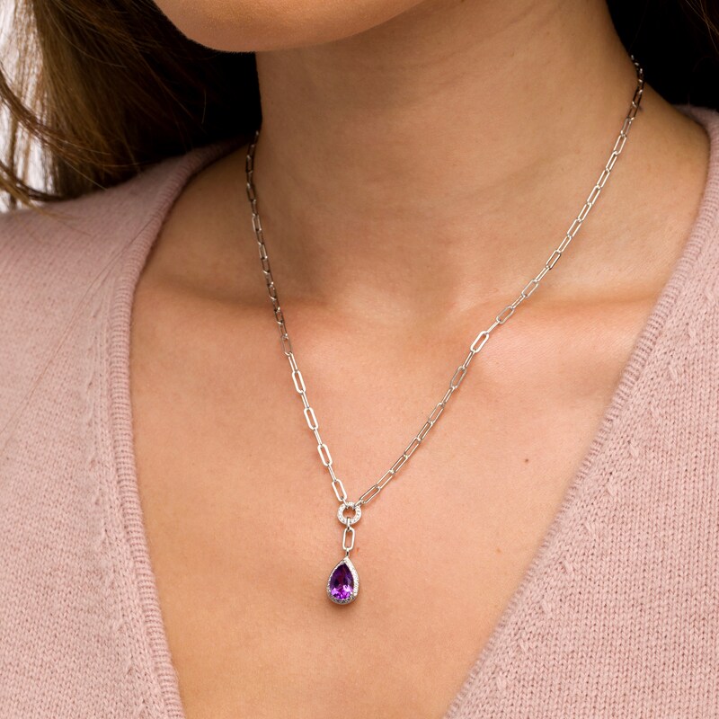 Main Image 2 of Faceted Pear-Shaped Amethyst and White Lab-Created Sapphire Frame Dangle Paper Clip Necklace in Sterling Silver