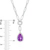 Thumbnail Image 4 of Faceted Pear-Shaped Amethyst and White Lab-Created Sapphire Frame Dangle Paper Clip Necklace in Sterling Silver