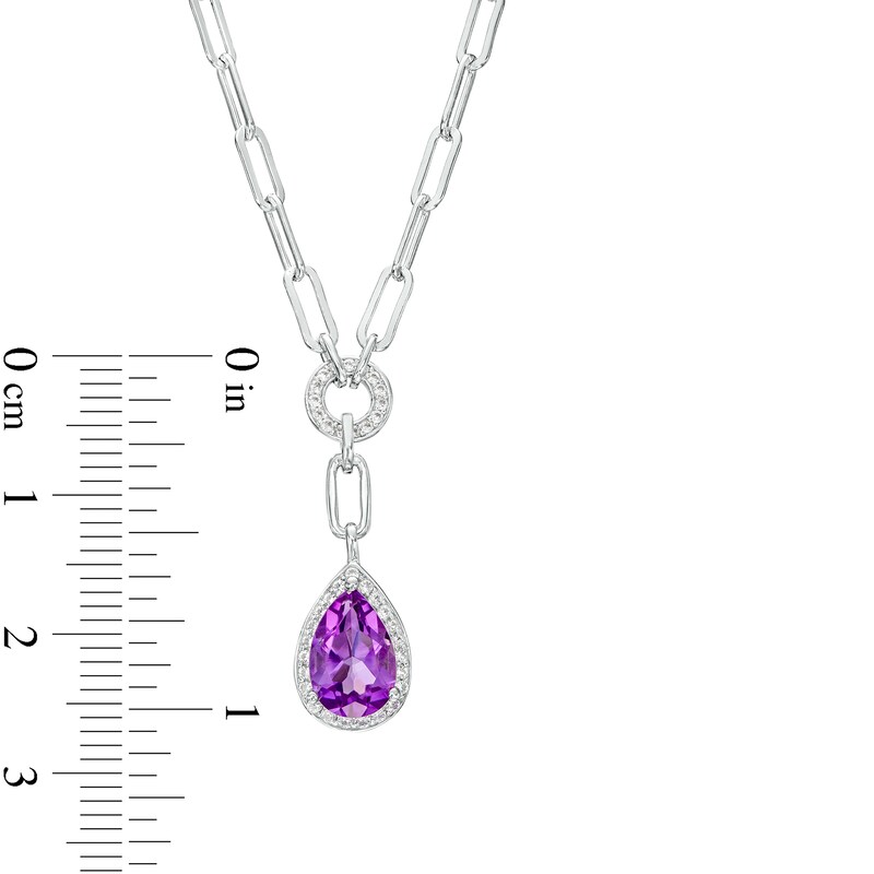 Main Image 4 of Faceted Pear-Shaped Amethyst and White Lab-Created Sapphire Frame Dangle Paper Clip Necklace in Sterling Silver