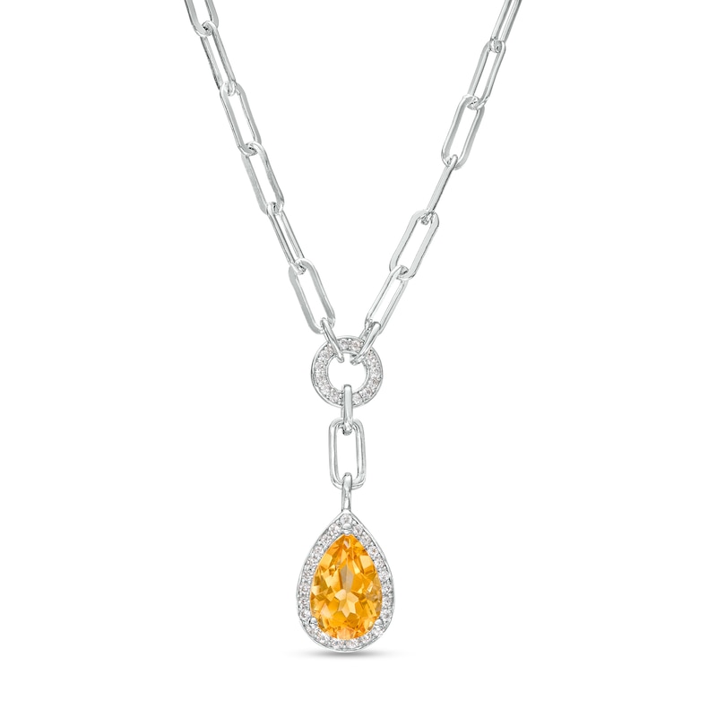 Main Image 1 of Faceted Pear-Shaped Citrine and White Lab-Created Sapphire Frame Dangle Paper Clip Necklace in Sterling Silver