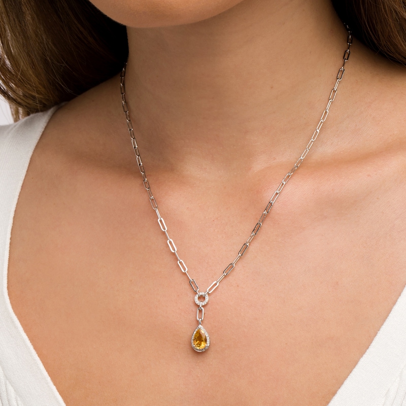 Main Image 2 of Faceted Pear-Shaped Citrine and White Lab-Created Sapphire Frame Dangle Paper Clip Necklace in Sterling Silver