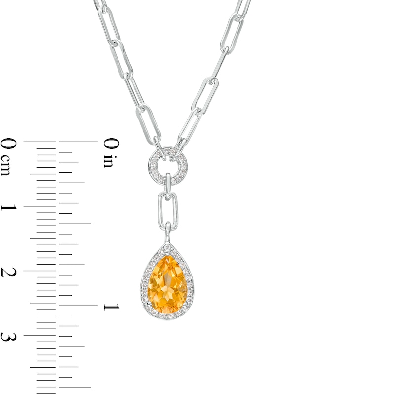 Main Image 4 of Faceted Pear-Shaped Citrine and White Lab-Created Sapphire Frame Dangle Paper Clip Necklace in Sterling Silver