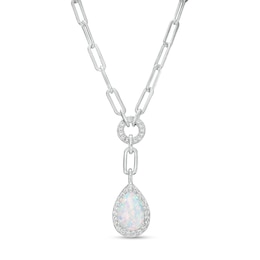 Pear-Shaped Lab-Created Opal and White Sapphire Frame Dangle Paper Clip Necklace in Sterling Silver