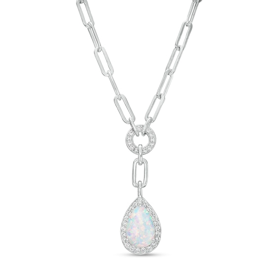 Pear-Shaped Lab-Created Opal and White Sapphire Frame Dangle Paper Clip Necklace in Sterling Silver