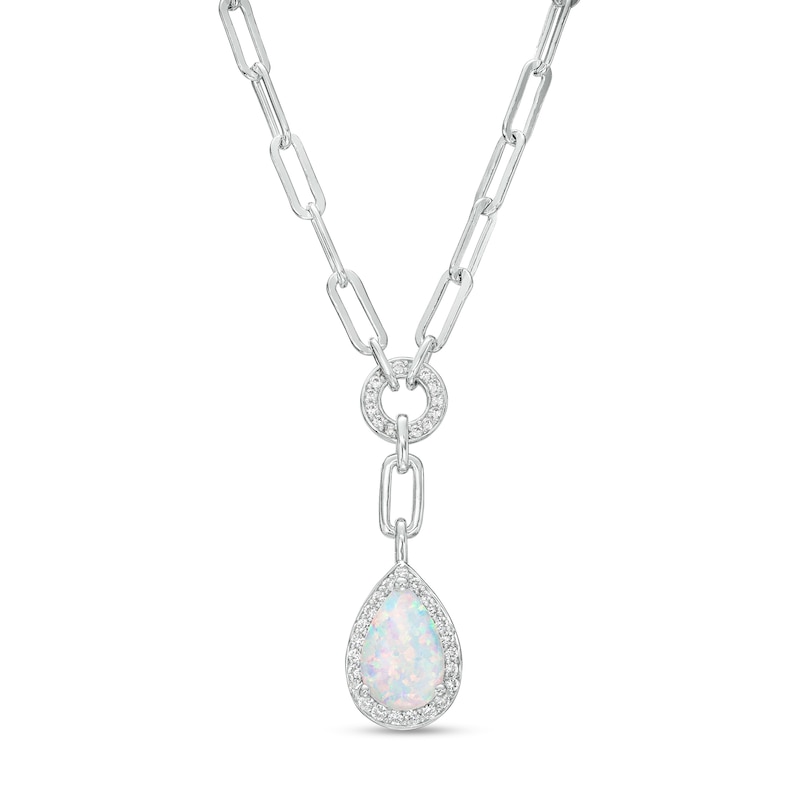 Main Image 1 of Pear-Shaped Lab-Created Opal and White Sapphire Frame Dangle Paper Clip Necklace in Sterling Silver