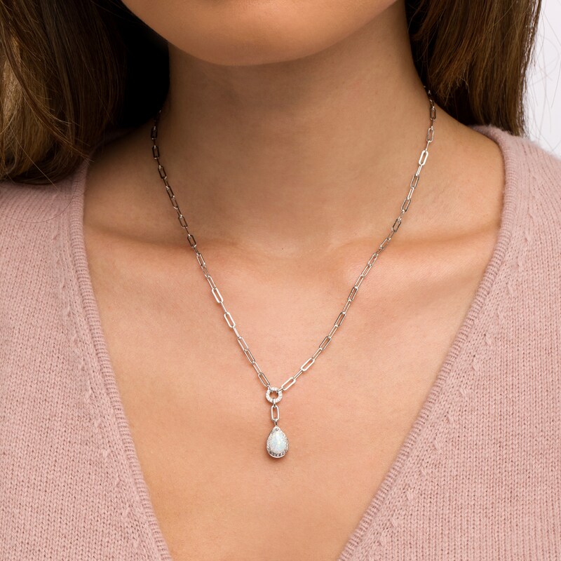 Main Image 2 of Pear-Shaped Lab-Created Opal and White Sapphire Frame Dangle Paper Clip Necklace in Sterling Silver