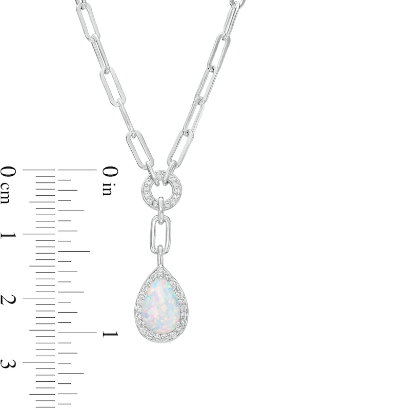 Main Image 4 of Pear-Shaped Lab-Created Opal and White Sapphire Frame Dangle Paper Clip Necklace in Sterling Silver