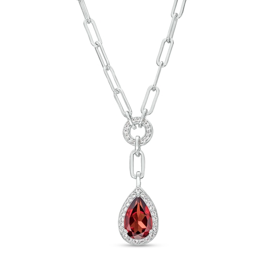 Faceted Pear-Shaped Garnet and White Lab-Created Sapphire Frame Dangle Paper Clip Necklace in Sterling Silver