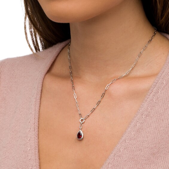 Faceted Pear-Shaped Garnet and White Lab-Created Sapphire Frame Dangle Paper Clip Necklace in Sterling Silver
