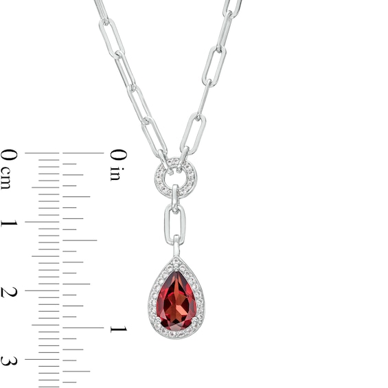 Faceted Pear-Shaped Garnet and White Lab-Created Sapphire Frame Dangle Paper Clip Necklace in Sterling Silver