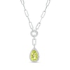 Thumbnail Image 1 of Faceted Pear-Shaped Peridot and White Lab-Created Sapphire Frame Dangle Paper Clip Necklace in Sterling Silver