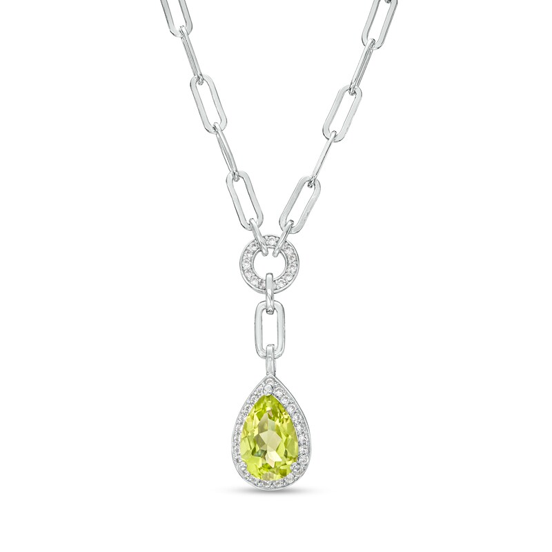 Main Image 1 of Faceted Pear-Shaped Peridot and White Lab-Created Sapphire Frame Dangle Paper Clip Necklace in Sterling Silver