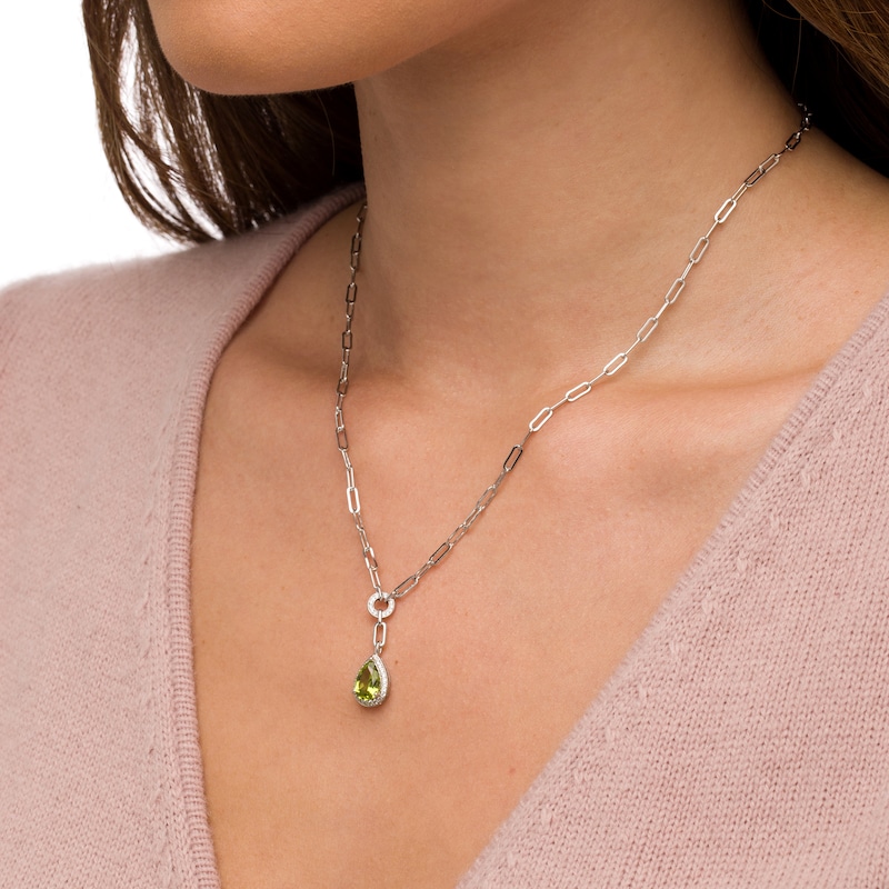Main Image 2 of Faceted Pear-Shaped Peridot and White Lab-Created Sapphire Frame Dangle Paper Clip Necklace in Sterling Silver