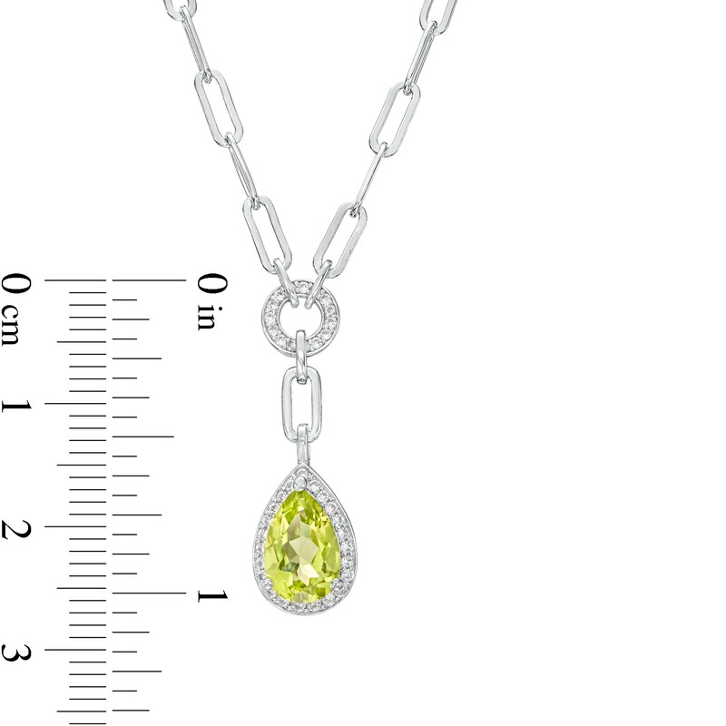 Main Image 4 of Faceted Pear-Shaped Peridot and White Lab-Created Sapphire Frame Dangle Paper Clip Necklace in Sterling Silver
