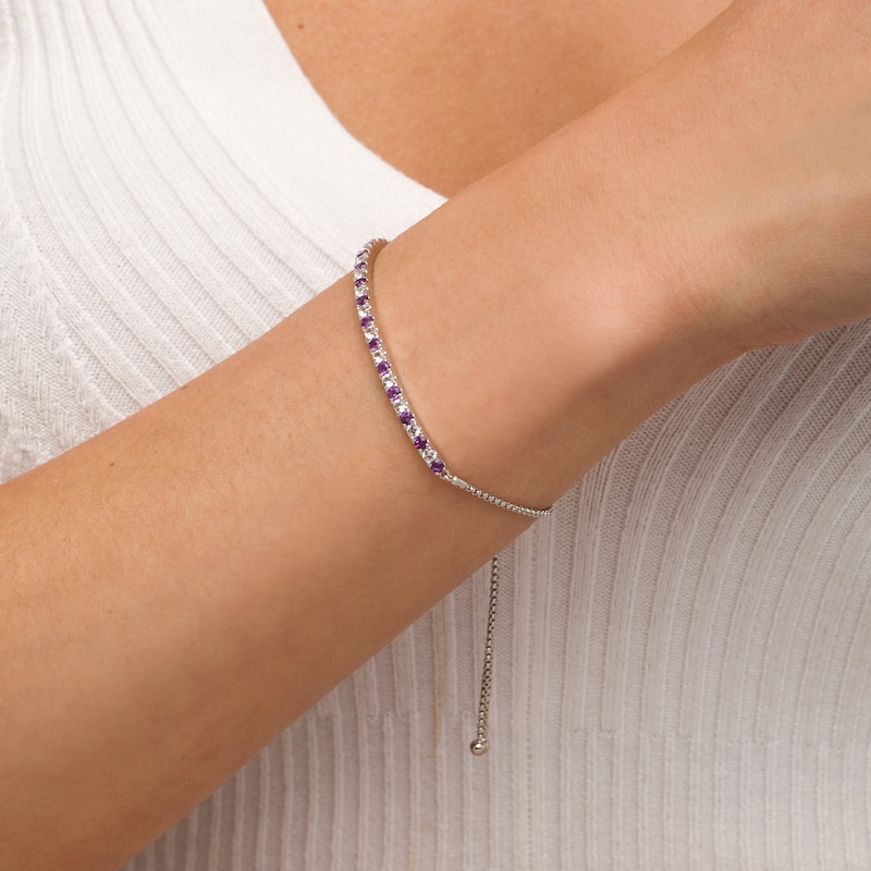 Main Image 2 of Alternating Amethyst and White Lab-Created Sapphire Bolo Bracelet in Sterling Silver