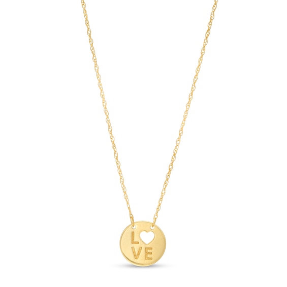 Mini Cut-Out Heart "Love" Disc Necklace in 14K Gold