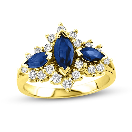 Marquise Blue Sapphire and 5/8 CT. T.w. Diamond Frame Three Stone Ring in 14K Gold