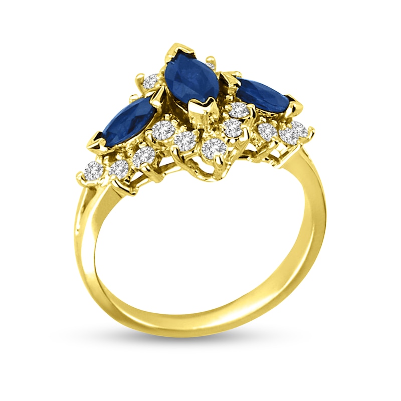 Marquise Blue Sapphire and 5/8 CT. T.W. Diamond Frame Three Stone Ring in 14K Gold