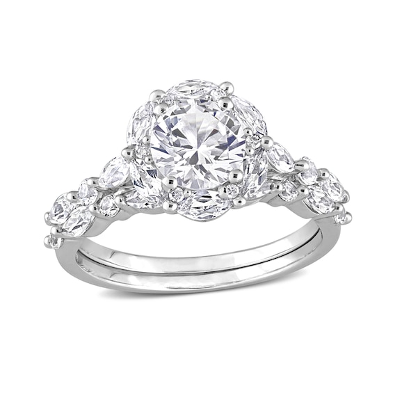 6.5mm White Lab-Created Sapphire and Diamond Accent Scallop Edge Frame Bridal Set 10K Gold