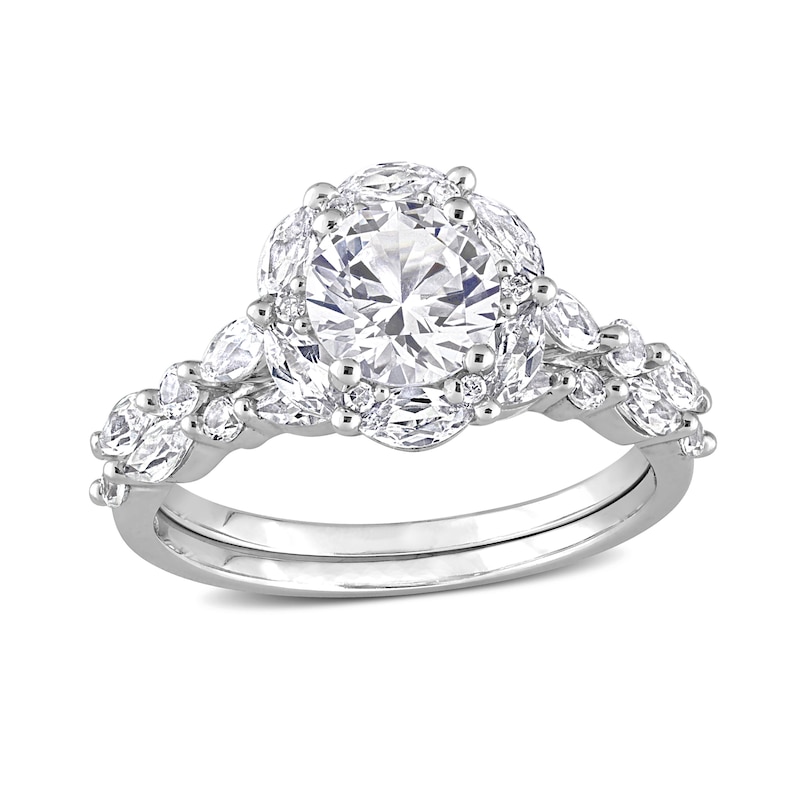 Main Image 1 of 6.5mm White Lab-Created Sapphire and Diamond Accent Scallop Edge Frame Bridal Set in 10K White Gold